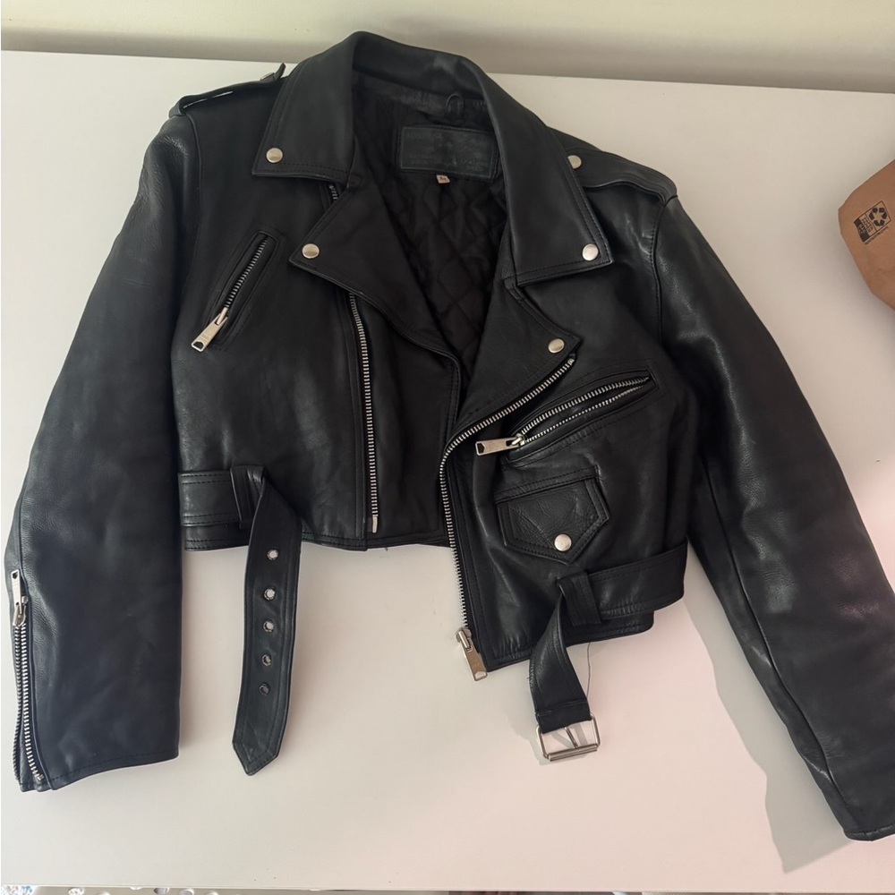 Cropped Black Leather Biker Jacket